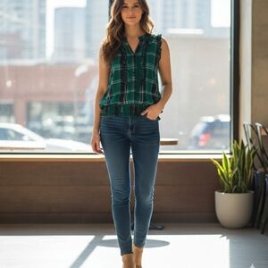 F21 Green Plaid Sheer Sleeveless Top